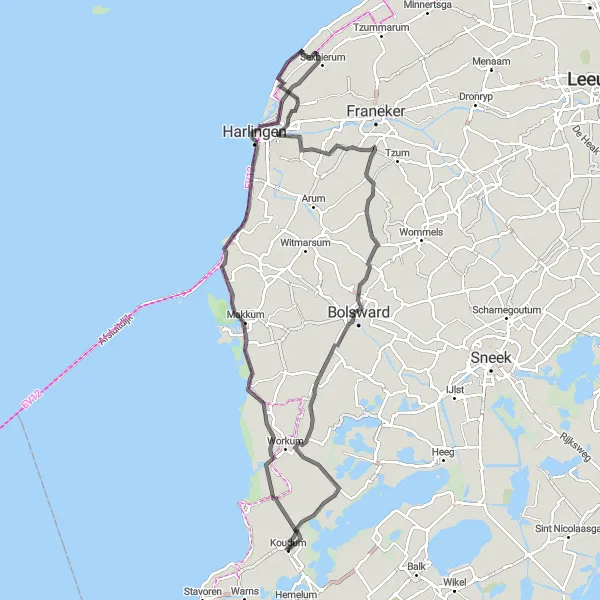 Map miniature of "Friesland Coastal Loop" cycling inspiration in Friesland (NL), Netherlands. Generated by Tarmacs.app cycling route planner