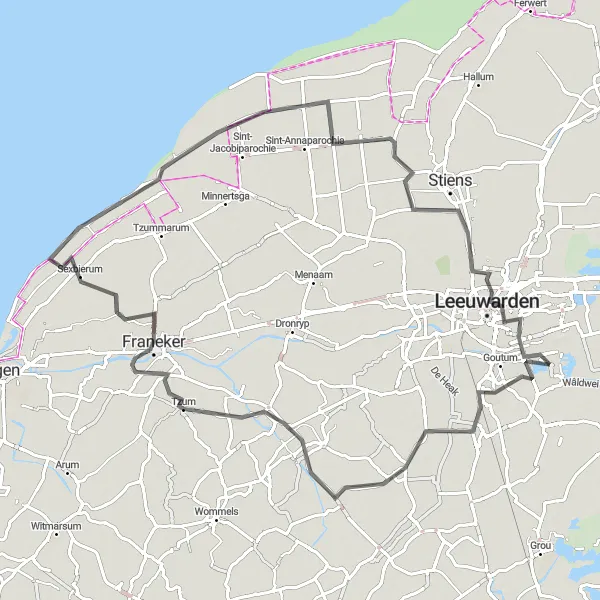 Miniatuurkaart van de fietsinspiratie "Friese meren en stadstour: Winsum naar Leeuwarden via Franeker" in Friesland (NL), Netherlands. Gemaakt door de Tarmacs.app fietsrouteplanner