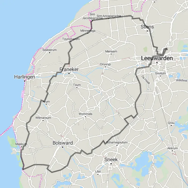 Miniatuurkaart van de fietsinspiratie "Friese Dorpen Road Route" in Friesland (NL), Netherlands. Gemaakt door de Tarmacs.app fietsrouteplanner