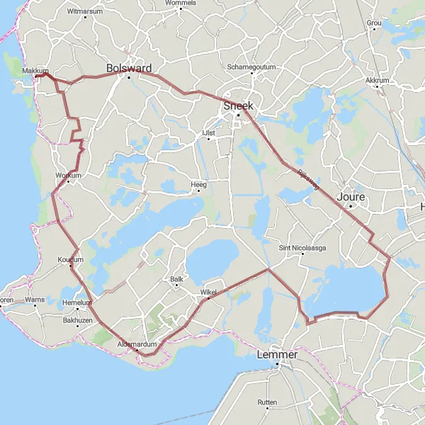 Map miniature of "Gravel Kingdom" cycling inspiration in Friesland (NL), Netherlands. Generated by Tarmacs.app cycling route planner