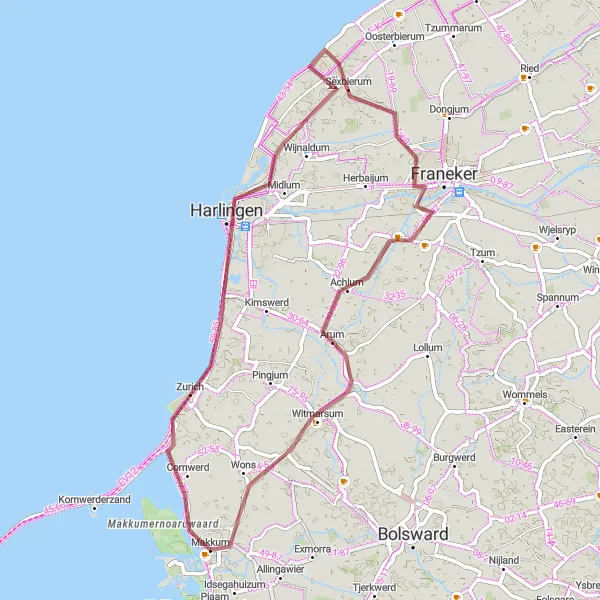 Map miniature of "Witmarsum and Harlingen Gravel Loop" cycling inspiration in Friesland (NL), Netherlands. Generated by Tarmacs.app cycling route planner