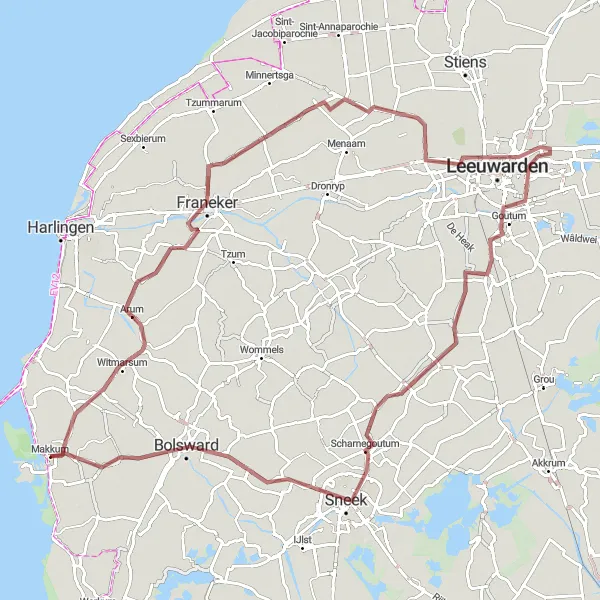 Map miniature of "Makkum to Bolsward Gravel Adventure" cycling inspiration in Friesland (NL), Netherlands. Generated by Tarmacs.app cycling route planner