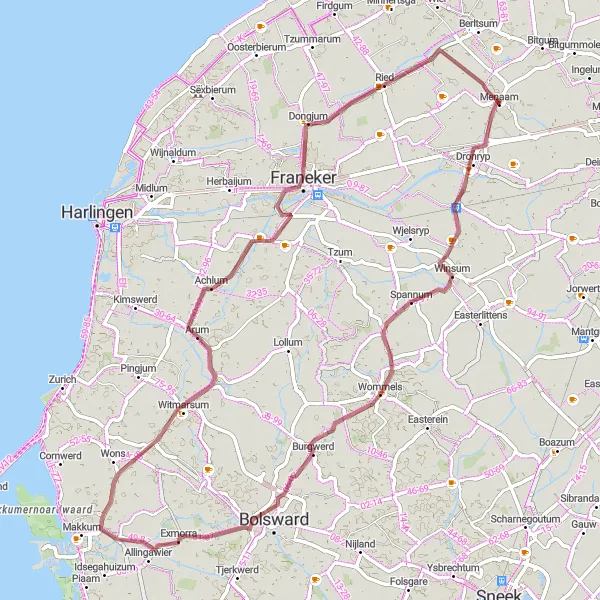 Miniatuurkaart van de fietsinspiratie "Fietsroute van Menaam naar Baaium en Exmorra" in Friesland (NL), Netherlands. Gemaakt door de Tarmacs.app fietsrouteplanner