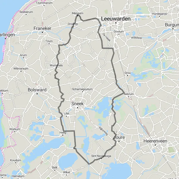 Map miniature of "Menaam to Baaium Road Challenge" cycling inspiration in Friesland (NL), Netherlands. Generated by Tarmacs.app cycling route planner