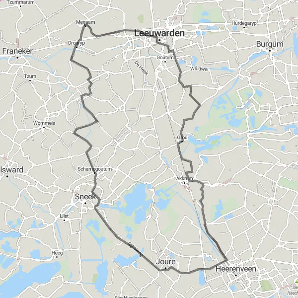 Miniatuurkaart van de fietsinspiratie "Menaam-Grou-Haskerhorne-Húns" in Friesland (NL), Netherlands. Gemaakt door de Tarmacs.app fietsrouteplanner