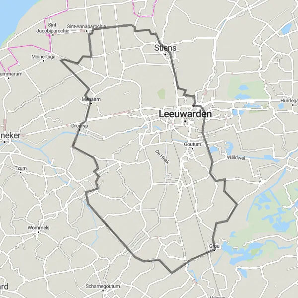Miniatuurkaart van de fietsinspiratie "Wegavontuur door de Friese dorpen" in Friesland (NL), Netherlands. Gemaakt door de Tarmacs.app fietsrouteplanner