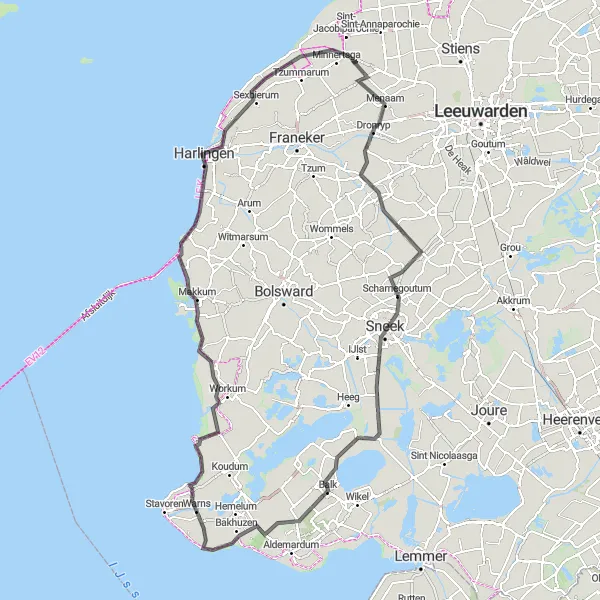 Map miniature of "Windmills and Waterways Road Challenge" cycling inspiration in Friesland (NL), Netherlands. Generated by Tarmacs.app cycling route planner