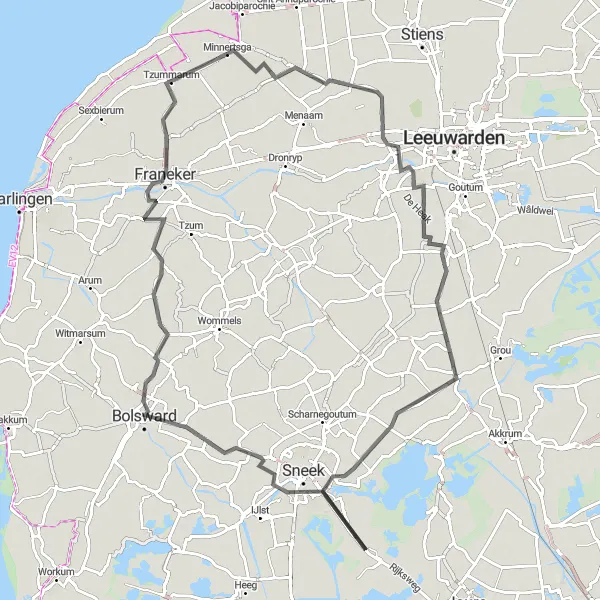 Map miniature of "Along the Rivers and Canals of Friesland" cycling inspiration in Friesland (NL), Netherlands. Generated by Tarmacs.app cycling route planner