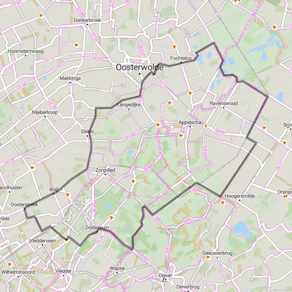 Map miniature of "Through Boijl, Fochteloo, Uitkijktoren "De Zeven", Toegangspoort Belevenispad, Doldersum, Vledderveen" cycling inspiration in Friesland (NL), Netherlands. Generated by Tarmacs.app cycling route planner