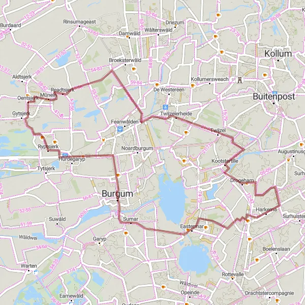 Miniatuurkaart van de fietsinspiratie "Graveltocht langs Mûnein en Ryptsjerk" in Friesland (NL), Netherlands. Gemaakt door de Tarmacs.app fietsrouteplanner