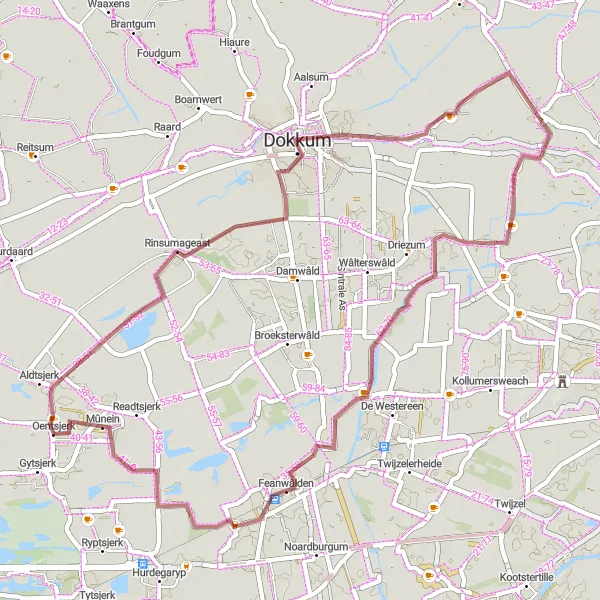 Map miniature of "Gravel Route to Dokkum and Mûnein" cycling inspiration in Friesland (NL), Netherlands. Generated by Tarmacs.app cycling route planner