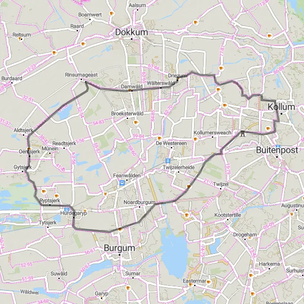 Map miniature of "Scenic Road Cycling in Driezum and Hurdegaryp" cycling inspiration in Friesland (NL), Netherlands. Generated by Tarmacs.app cycling route planner