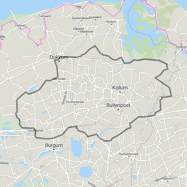 Map miniature of "Road Cycling Adventure to Dokkum and Hurdegaryp" cycling inspiration in Friesland (NL), Netherlands. Generated by Tarmacs.app cycling route planner