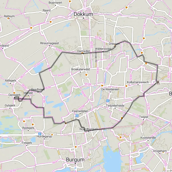 Miniatuurkaart van de fietsinspiratie "Rondje Damwâld en Noardburgum" in Friesland (NL), Netherlands. Gemaakt door de Tarmacs.app fietsrouteplanner