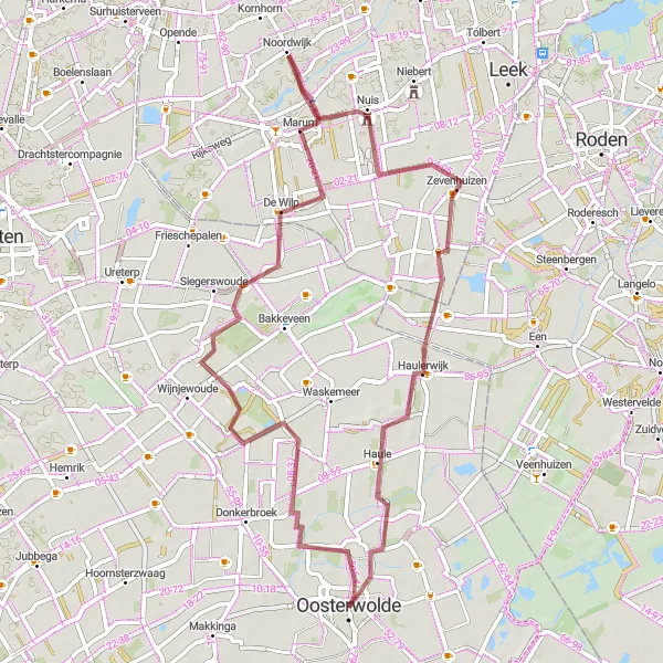 Map miniature of "Oosterwolde and Haulerwijk Gravel Route" cycling inspiration in Friesland (NL), Netherlands. Generated by Tarmacs.app cycling route planner
