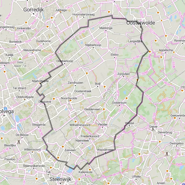 Miniatuurkaart van de fietsinspiratie "Drents-Friese Wold en Oldeberkoop ontdekken" in Friesland (NL), Netherlands. Gemaakt door de Tarmacs.app fietsrouteplanner