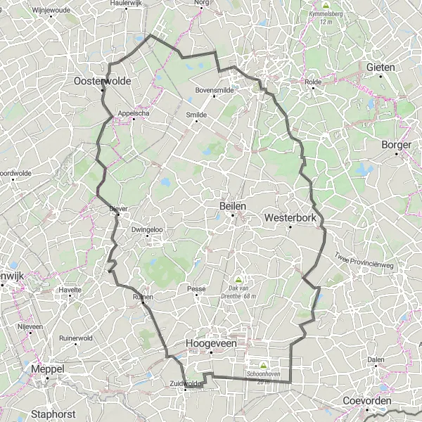 Miniatuurkaart van de fietsinspiratie "Oosterwolde naar Diever fietsroute" in Friesland (NL), Netherlands. Gemaakt door de Tarmacs.app fietsrouteplanner