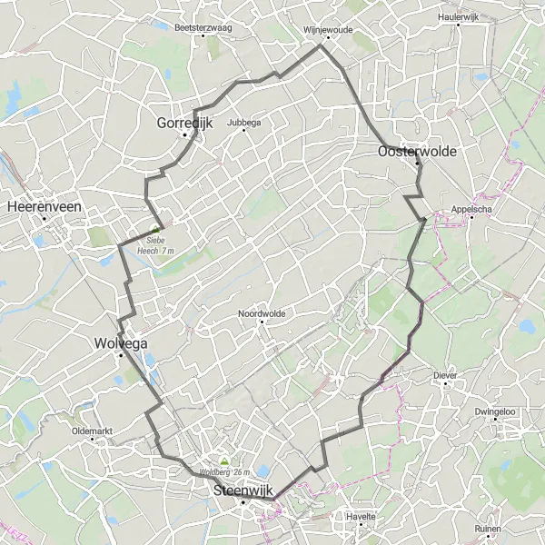 Map miniature of "Wapserveen and Wolvega Road Route" cycling inspiration in Friesland (NL), Netherlands. Generated by Tarmacs.app cycling route planner
