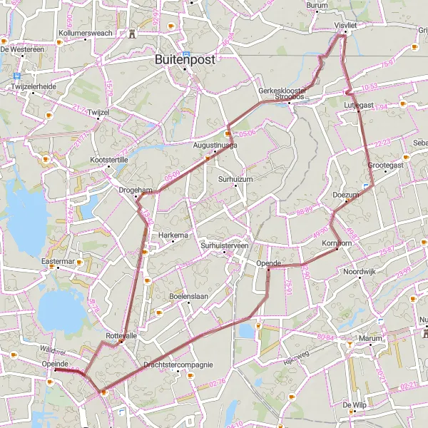 Miniatuurkaart van de fietsinspiratie "Gravelroute van Opeinde naar Drogeham en Drachtstercompagnie" in Friesland (NL), Netherlands. Gemaakt door de Tarmacs.app fietsrouteplanner