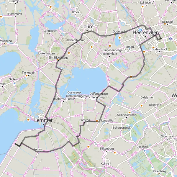 Miniatuurkaart van de fietsinspiratie "Echtenerbrug-Rutten-Lemmer-Joure" in Friesland (NL), Netherlands. Gemaakt door de Tarmacs.app fietsrouteplanner