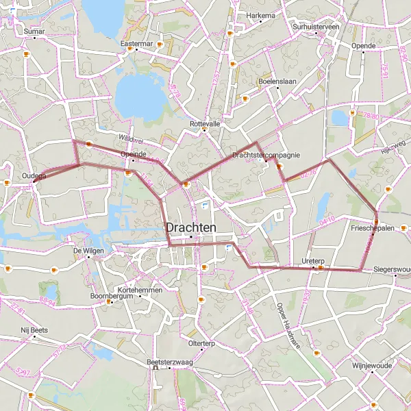 Map miniature of "Leisurely Gravel Ride: Oudega to Drachten and Back" cycling inspiration in Friesland (NL), Netherlands. Generated by Tarmacs.app cycling route planner