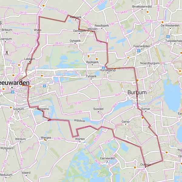 Miniatuurkaart van de fietsinspiratie "Grindpaden door Warstiens, Wyns en Burgum" in Friesland (NL), Netherlands. Gemaakt door de Tarmacs.app fietsrouteplanner