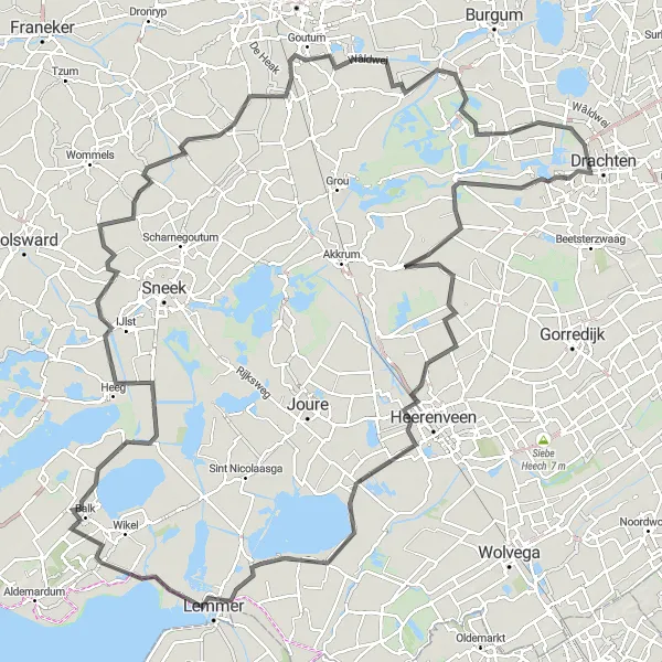 Miniatuurkaart van de fietsinspiratie "Friesland Meren Route" in Friesland (NL), Netherlands. Gemaakt door de Tarmacs.app fietsrouteplanner