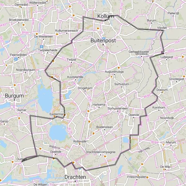 Miniatuurkaart van de fietsinspiratie "Wegen fietsen naar Jistrum, Kollum en Drachten" in Friesland (NL), Netherlands. Gemaakt door de Tarmacs.app fietsrouteplanner