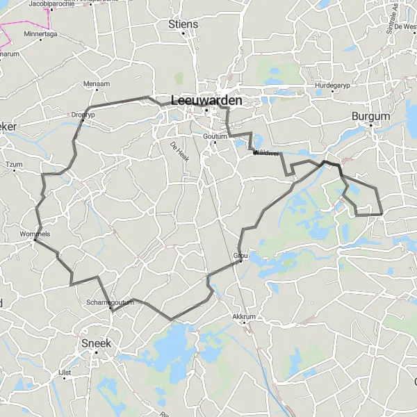 Map miniature of "Scenic Road Trip: Oudega to Jirnsum via Easterein" cycling inspiration in Friesland (NL), Netherlands. Generated by Tarmacs.app cycling route planner