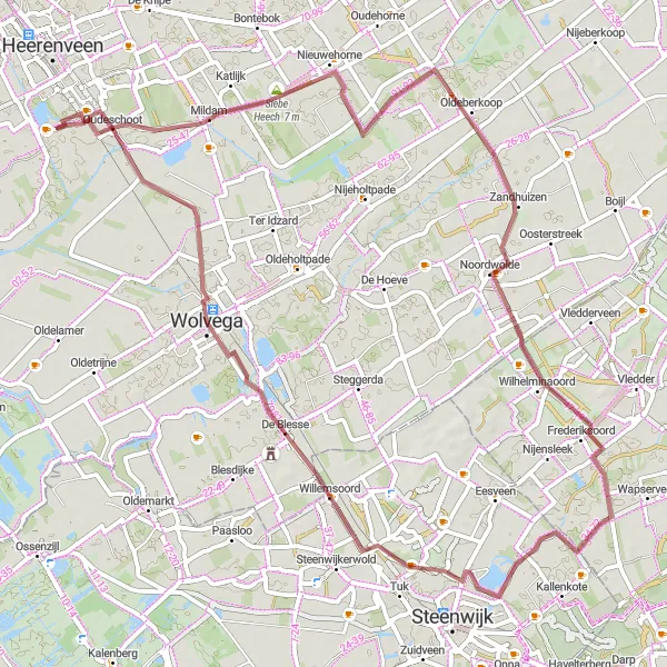 Map miniature of "Gravel Adventure from Oudeschoot to Witte Paarden" cycling inspiration in Friesland (NL), Netherlands. Generated by Tarmacs.app cycling route planner