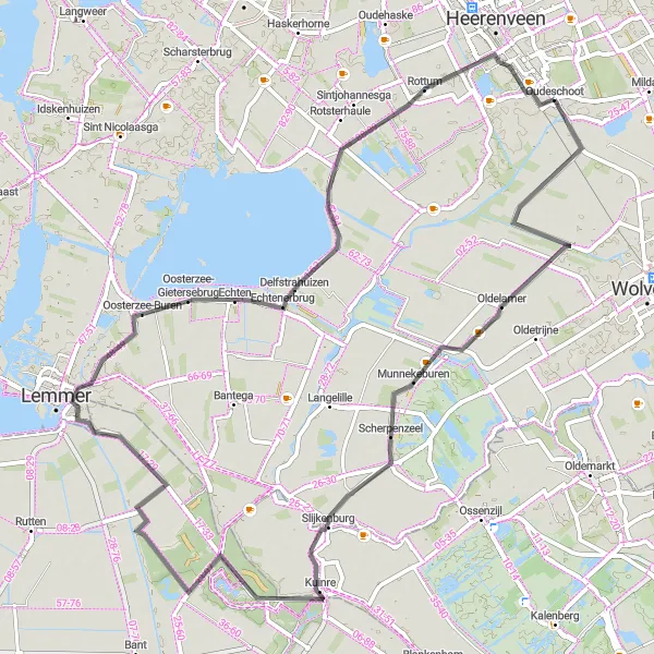 Map miniature of "Munnekeburen and Kuinre Road Loop" cycling inspiration in Friesland (NL), Netherlands. Generated by Tarmacs.app cycling route planner