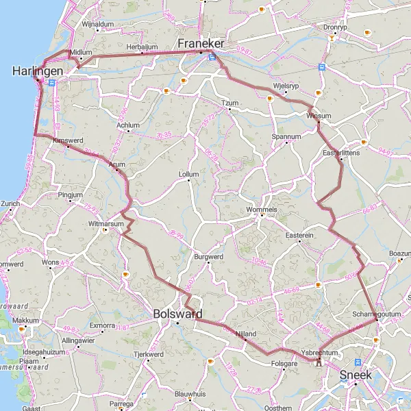 Map miniature of "Scharnegoutum and Surrounding Villages" cycling inspiration in Friesland (NL), Netherlands. Generated by Tarmacs.app cycling route planner