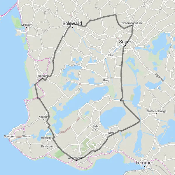 Miniatuurkaart van de fietsinspiratie "Kronkelende route langs Friese meren" in Friesland (NL), Netherlands. Gemaakt door de Tarmacs.app fietsrouteplanner