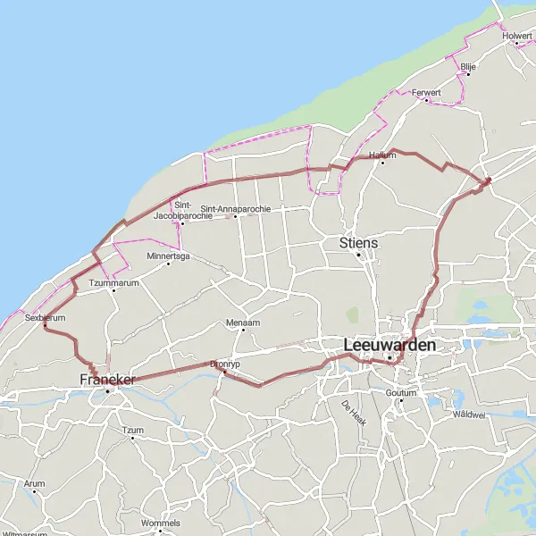 Map miniature of "Koehool to Franeker Gravel Ride" cycling inspiration in Friesland (NL), Netherlands. Generated by Tarmacs.app cycling route planner