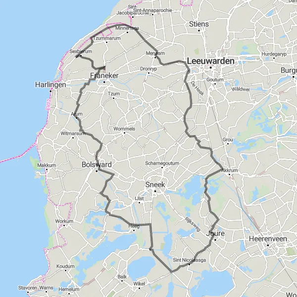 Map miniature of "Oosterbierum to Sexbierum Loop" cycling inspiration in Friesland (NL), Netherlands. Generated by Tarmacs.app cycling route planner