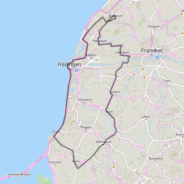Miniatuurkaart van de fietsinspiratie "Historische dorpen van Franekeradeel" in Friesland (NL), Netherlands. Gemaakt door de Tarmacs.app fietsrouteplanner