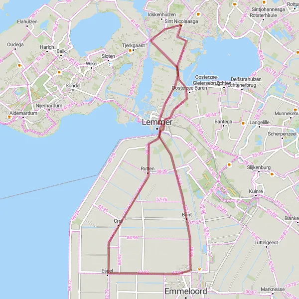 Map miniature of "Gravel Adventure: Lemmer to Oosterzee-Buren Loop" cycling inspiration in Friesland (NL), Netherlands. Generated by Tarmacs.app cycling route planner
