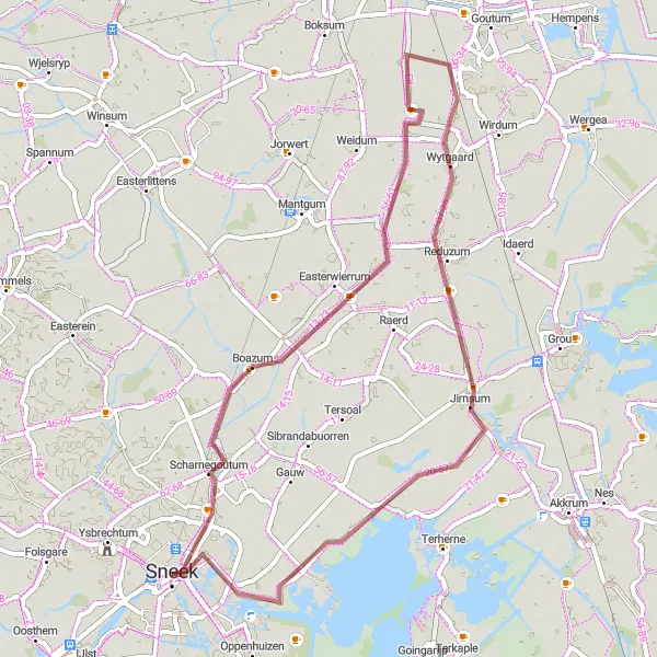 Map miniature of "Gravel Route from Sneek to Loënga" cycling inspiration in Friesland (NL), Netherlands. Generated by Tarmacs.app cycling route planner