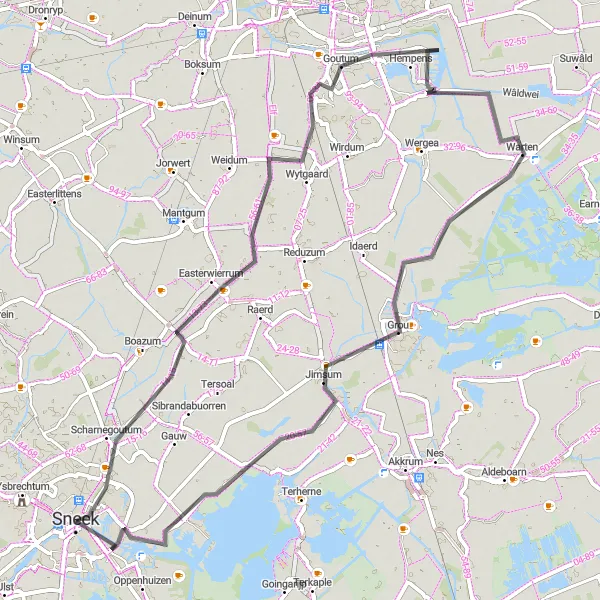 Map miniature of "Warten Road Adventure" cycling inspiration in Friesland (NL), Netherlands. Generated by Tarmacs.app cycling route planner