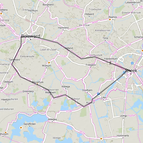 Map miniature of "Road Route from Sneek to Bolsward" cycling inspiration in Friesland (NL), Netherlands. Generated by Tarmacs.app cycling route planner