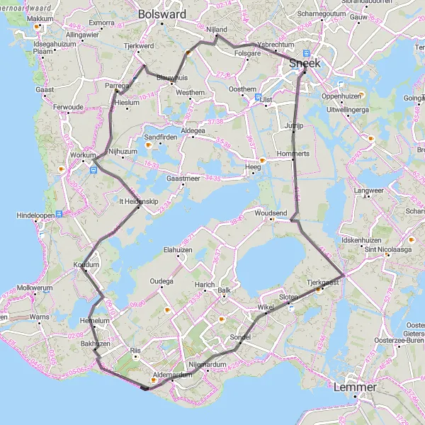 Map miniature of "Epic Road Route from Sneek to Ysbrechtum" cycling inspiration in Friesland (NL), Netherlands. Generated by Tarmacs.app cycling route planner