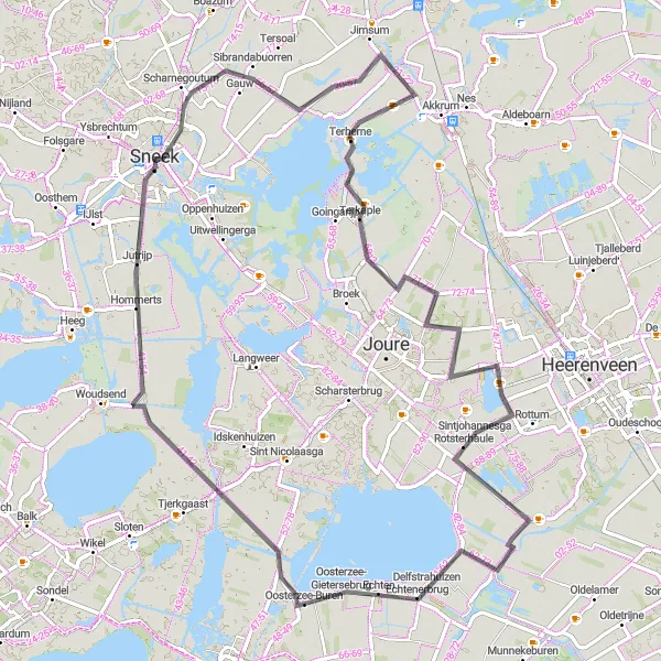 Map miniature of "Road Route from Sneek to Hommerts" cycling inspiration in Friesland (NL), Netherlands. Generated by Tarmacs.app cycling route planner