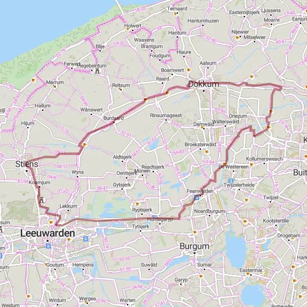 Miniatuurkaart van de fietsinspiratie "Gravelroute naar Burdaard, Stienfek en Feanwâldsterwâl" in Friesland (NL), Netherlands. Gemaakt door de Tarmacs.app fietsrouteplanner