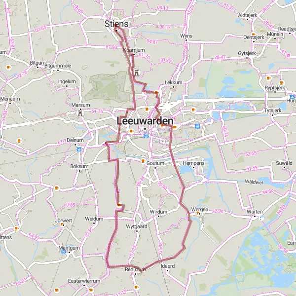 Miniatuurkaart van de fietsinspiratie "Gravelroute naar Koarnjum, Eagum en Groote Bontekoe" in Friesland (NL), Netherlands. Gemaakt door de Tarmacs.app fietsrouteplanner