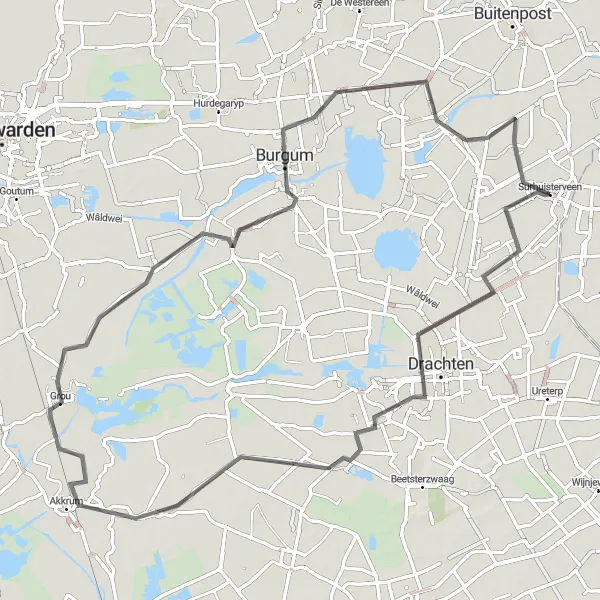 Map miniature of "Friesland Fields" cycling inspiration in Friesland (NL), Netherlands. Generated by Tarmacs.app cycling route planner