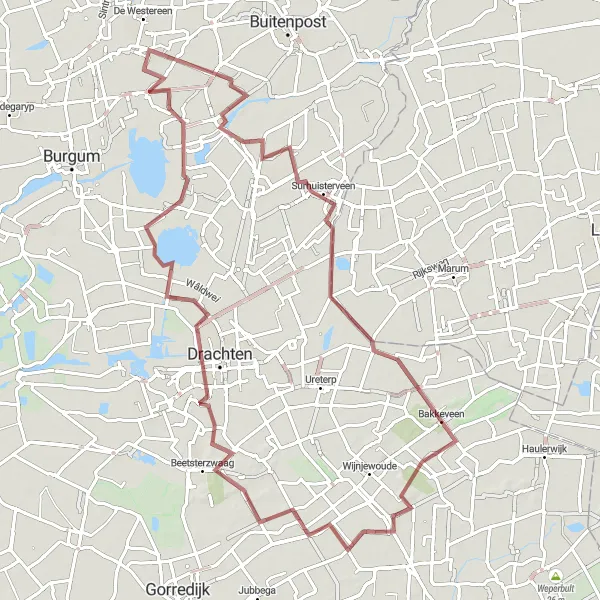 Miniatuurkaart van de fietsinspiratie "Gravelroute door Surhuisterveen en Opeinde" in Friesland (NL), Netherlands. Gemaakt door de Tarmacs.app fietsrouteplanner