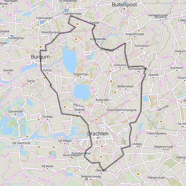 Map miniature of "Twijzelerheide - Surhuisterveen - Olterterp - Opeinde - Burgum - Twijzelerheide" cycling inspiration in Friesland (NL), Netherlands. Generated by Tarmacs.app cycling route planner
