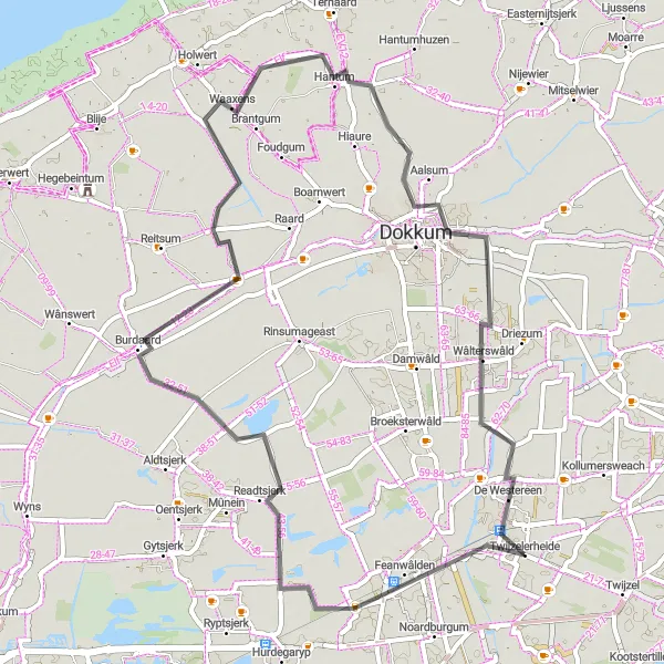 Miniatuurkaart van de fietsinspiratie "Rondje Feanwâlden - Hantum" in Friesland (NL), Netherlands. Gemaakt door de Tarmacs.app fietsrouteplanner