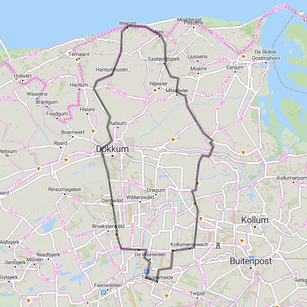 Map miniature of "Twijzelerheide - Dokkum - Mitselwier - Twijzelerheide" cycling inspiration in Friesland (NL), Netherlands. Generated by Tarmacs.app cycling route planner