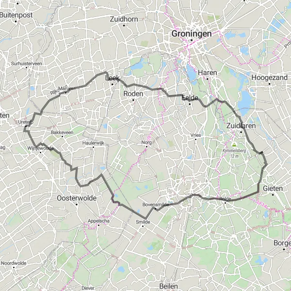 Miniatuurkaart van de fietsinspiratie "Rondje Drenthe en Groningen" in Friesland (NL), Netherlands. Gemaakt door de Tarmacs.app fietsrouteplanner